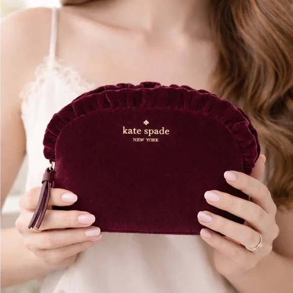 kate spade New York Velvet Ruffle Cosmetic Pouch in Burgundy - Picture 4 of 9